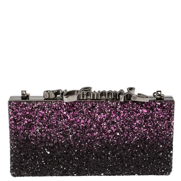 Pre Owned Jimmy Choo Purple Coarse Glitter Celeste Crystal Logo Clasp Clutch