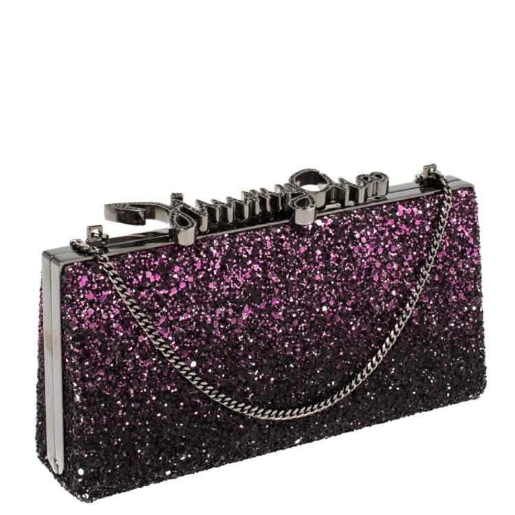 Pre Owned Jimmy Choo Purple Coarse Glitter Celeste Crystal Logo Clasp Clutch
