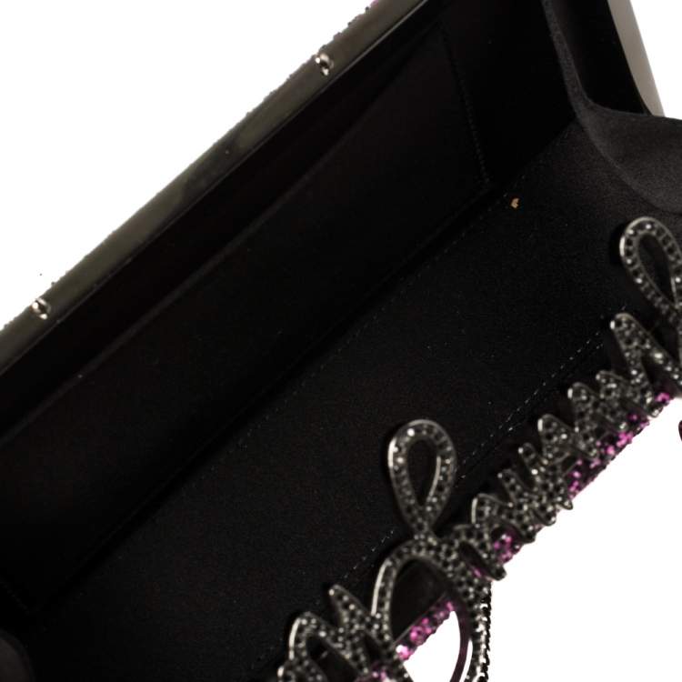 Pre Owned Jimmy Choo Purple Coarse Glitter Celeste Crystal Logo Clasp Clutch
