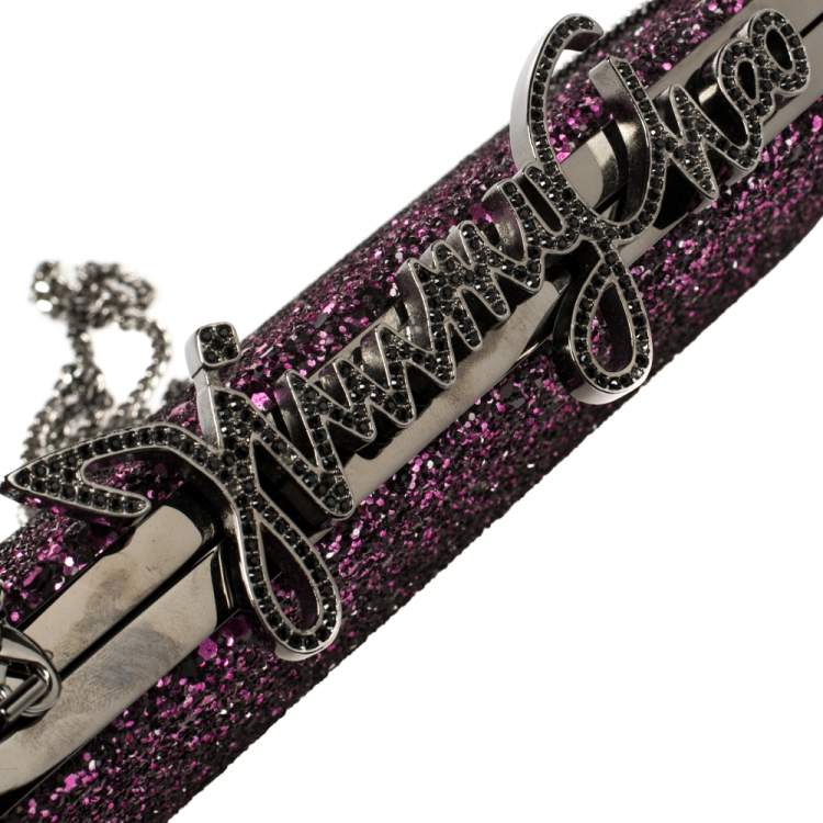 Pre Owned Jimmy Choo Purple Coarse Glitter Celeste Crystal Logo Clasp Clutch