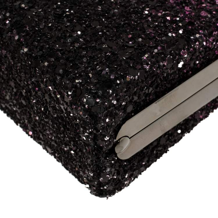 Pre Owned Jimmy Choo Purple Coarse Glitter Celeste Crystal Logo Clasp Clutch