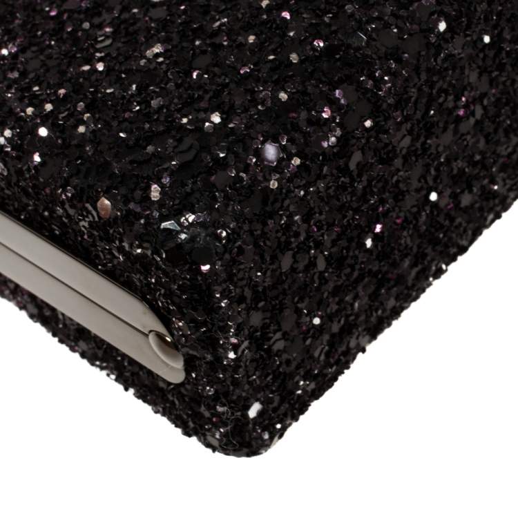 Pre Owned Jimmy Choo Purple Coarse Glitter Celeste Crystal Logo Clasp Clutch