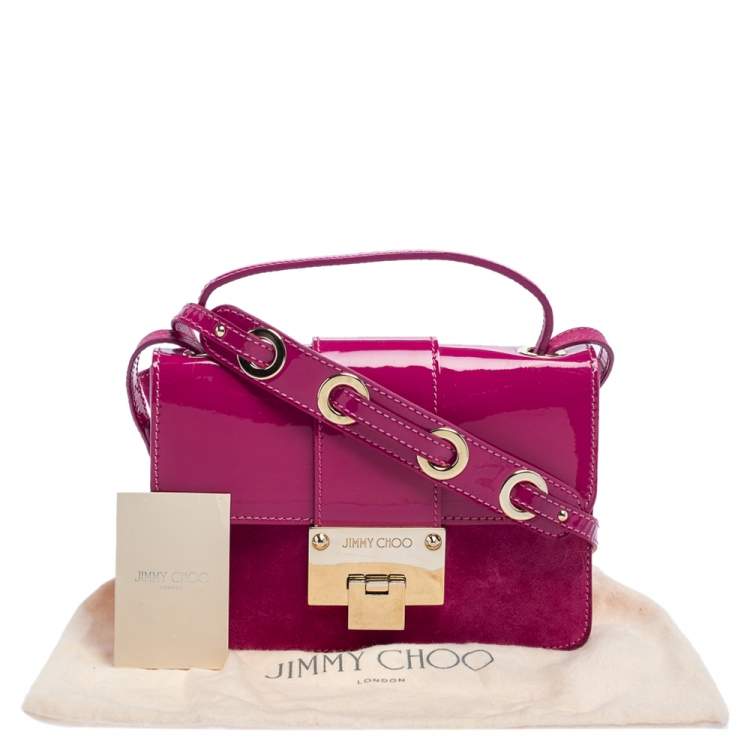 Pre Owned Jimmy Choo Fuchsia Patent Leather and Suede Rebel Top Handle Bag