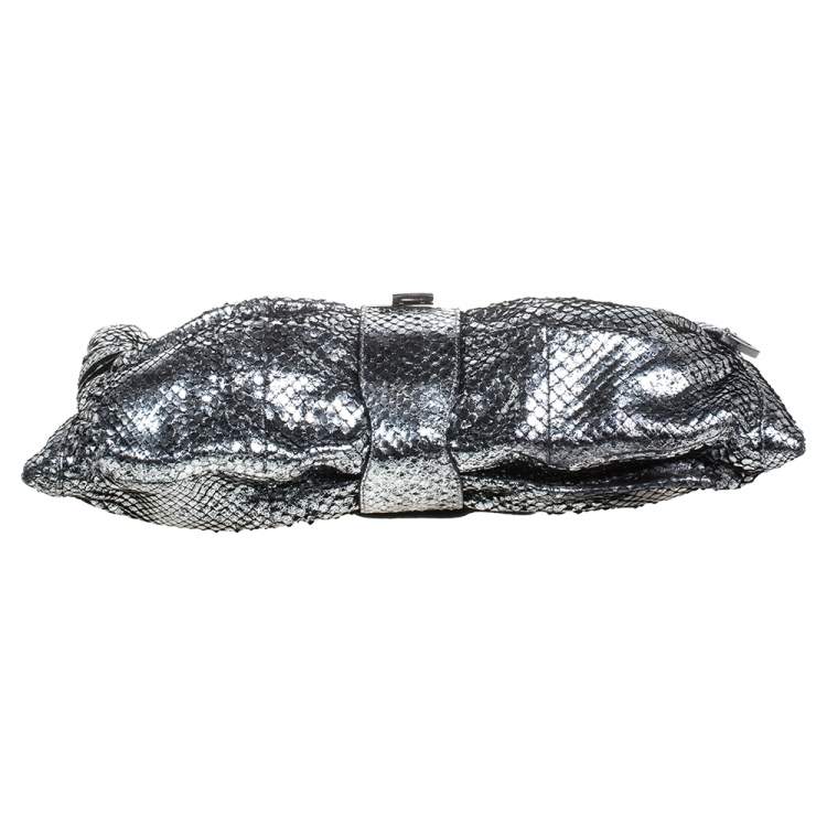 Pre Owned Jimmy Choo Silver Python Effect Patent Leather Riki Chain Shoulder Bag