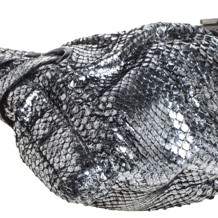 Pre Owned Jimmy Choo Silver Python Effect Patent Leather Riki Chain Shoulder Bag
