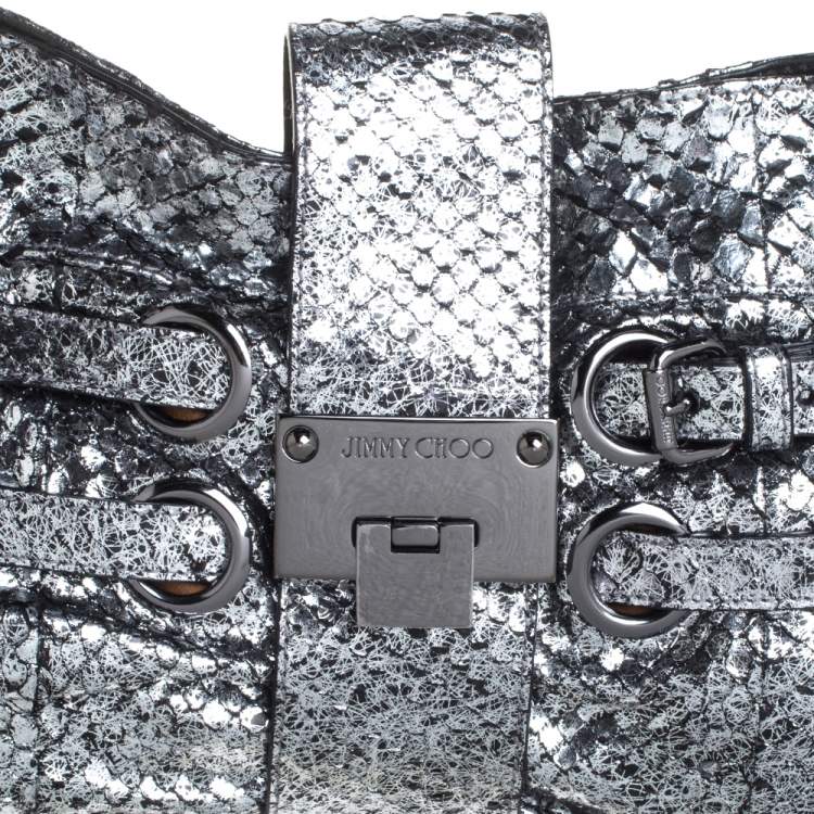 Pre Owned Jimmy Choo Silver Python Effect Patent Leather Riki Chain Shoulder Bag