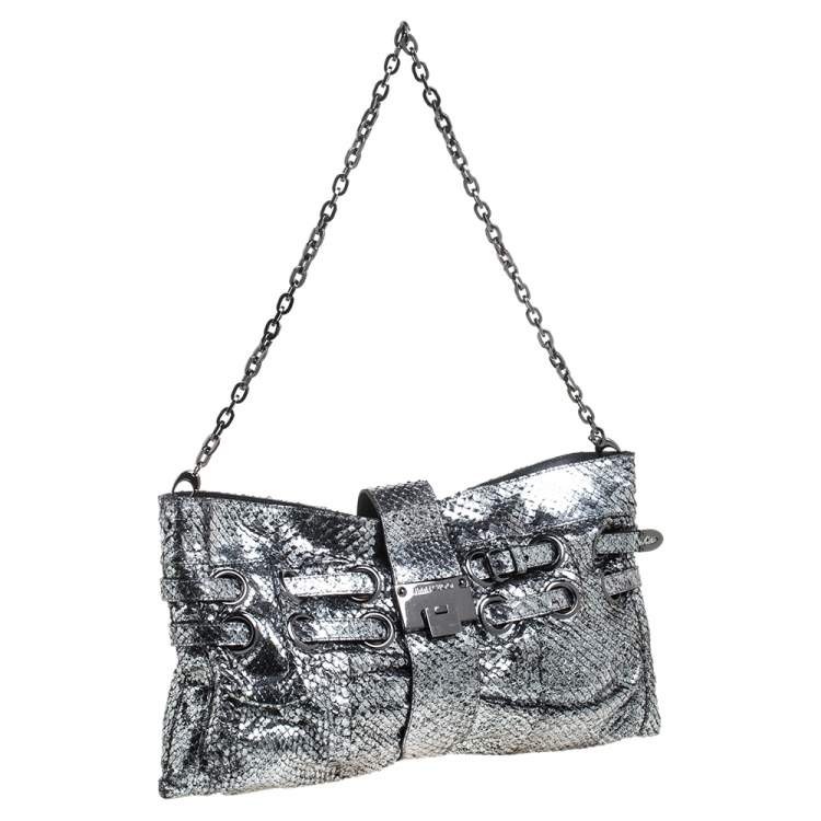 Pre Owned Jimmy Choo Silver Python Effect Patent Leather Riki Chain Shoulder Bag