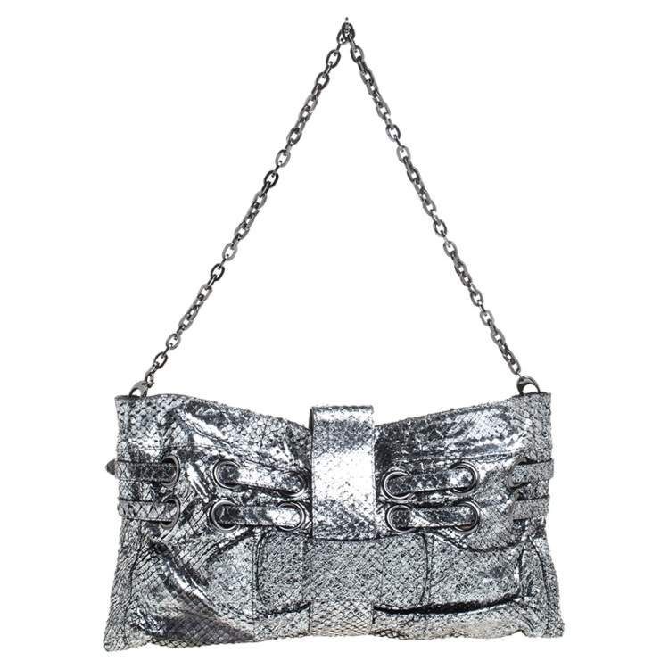 Pre Owned Jimmy Choo Silver Python Effect Patent Leather Riki Chain Shoulder Bag