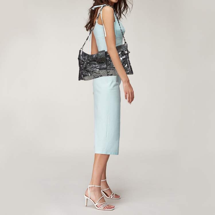 Pre Owned Jimmy Choo Silver Python Effect Patent Leather Riki Chain Shoulder Bag