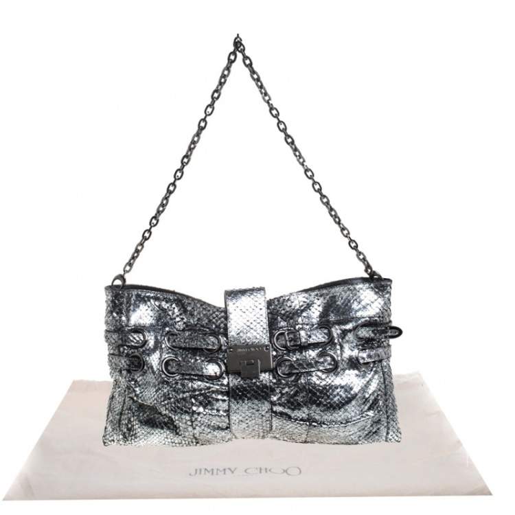 Pre Owned Jimmy Choo Silver Python Effect Patent Leather Riki Chain Shoulder Bag