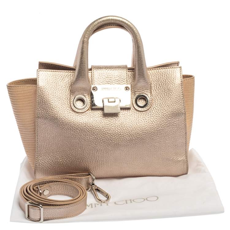 Pre Owned Jimmy Choo Light Rose Gold Leather and Lizard Embossed Riley Tote
