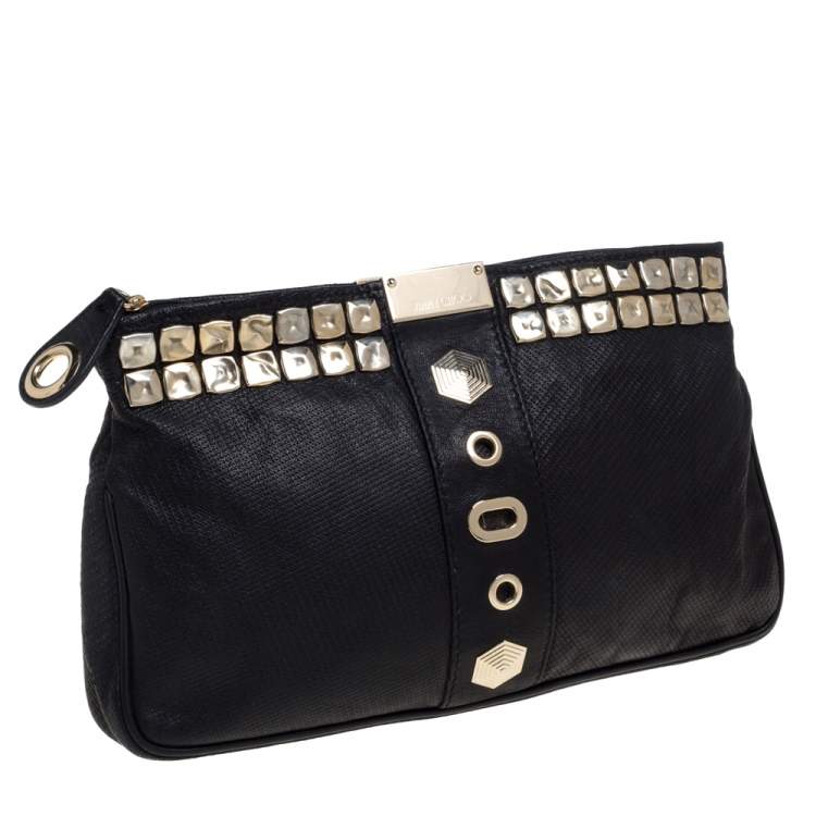 Pre Owned Jimmy Choo Black Perforated Leather Studded Zulu Clutch