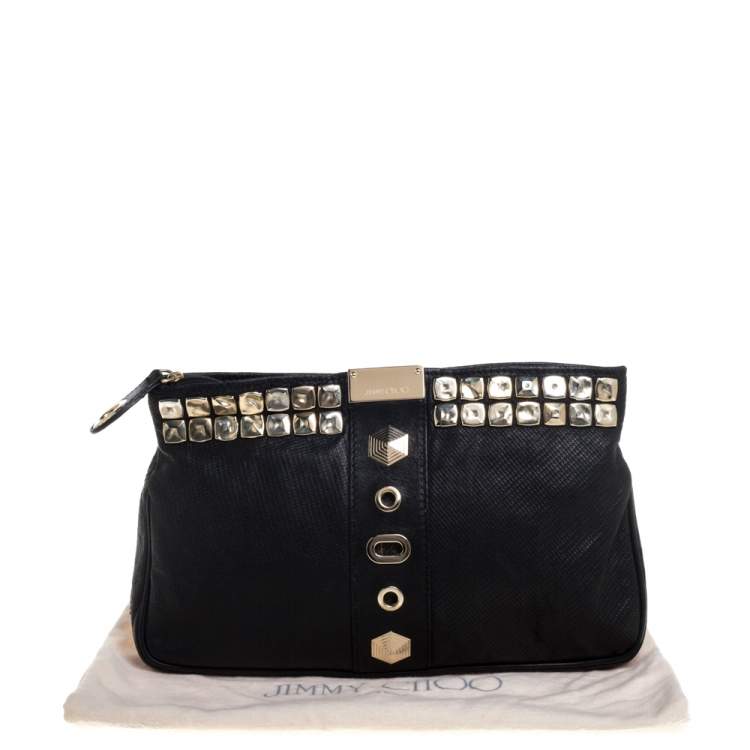 Pre Owned Jimmy Choo Black Perforated Leather Studded Zulu Clutch