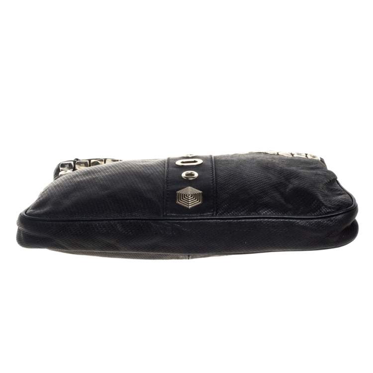Pre Owned Jimmy Choo Black Perforated Leather Studded Zulu Clutch