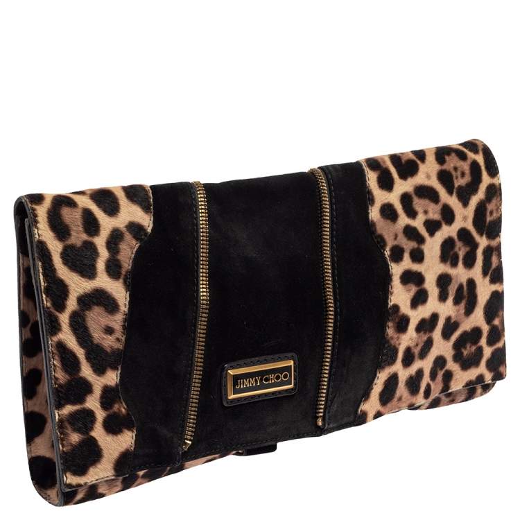 Pre Owned Jimmy Choo Black/Brown Suede and Calf Hair Martha Clutch
