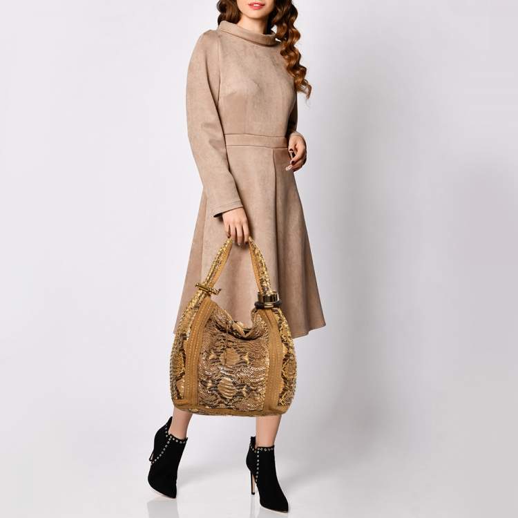 Pre Owned Jimmy Choo Beige/Brown Python and Suede Saba Hobo