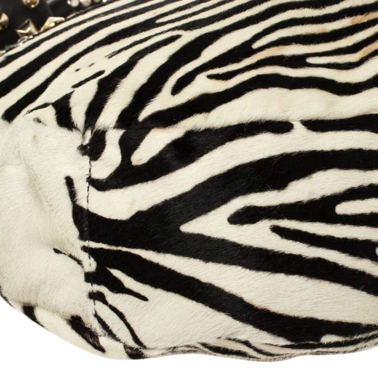 Pre Owned Jimmy Choo Black/White Zebra Print Calf Hair and Leather Studded Sky Hobo