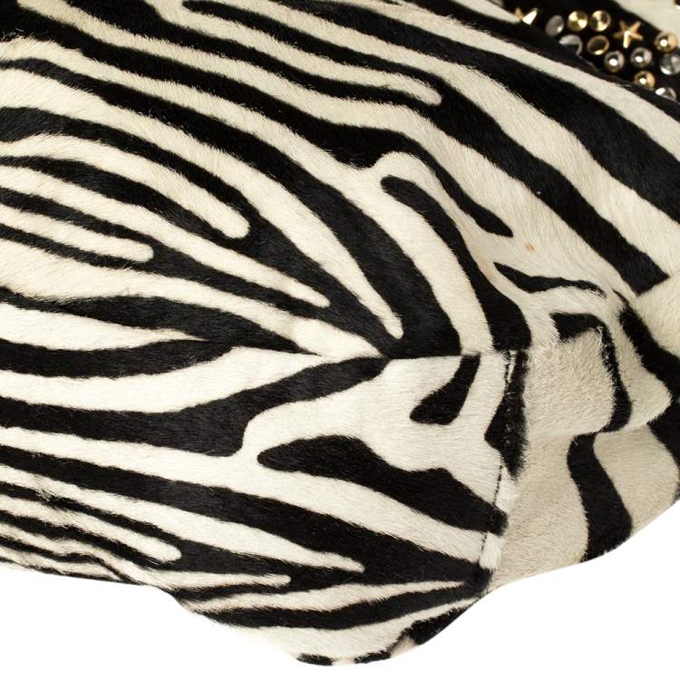 Pre Owned Jimmy Choo Black/White Zebra Print Calf Hair and Leather Studded Sky Hobo