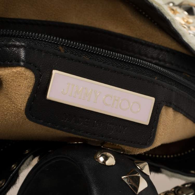 Pre Owned Jimmy Choo Black/White Zebra Print Calf Hair and Leather Studded Sky Hobo