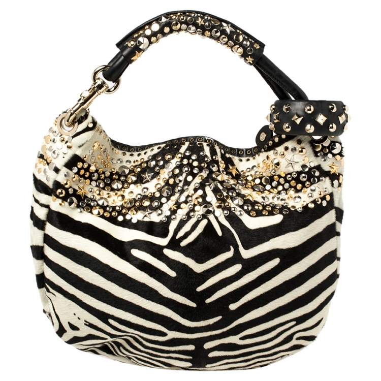Pre Owned Jimmy Choo Black/White Zebra Print Calf Hair and Leather Studded Sky Hobo