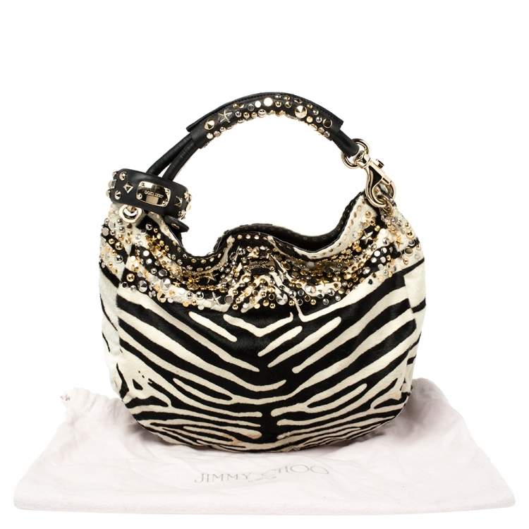 Pre Owned Jimmy Choo Black/White Zebra Print Calf Hair and Leather Studded Sky Hobo