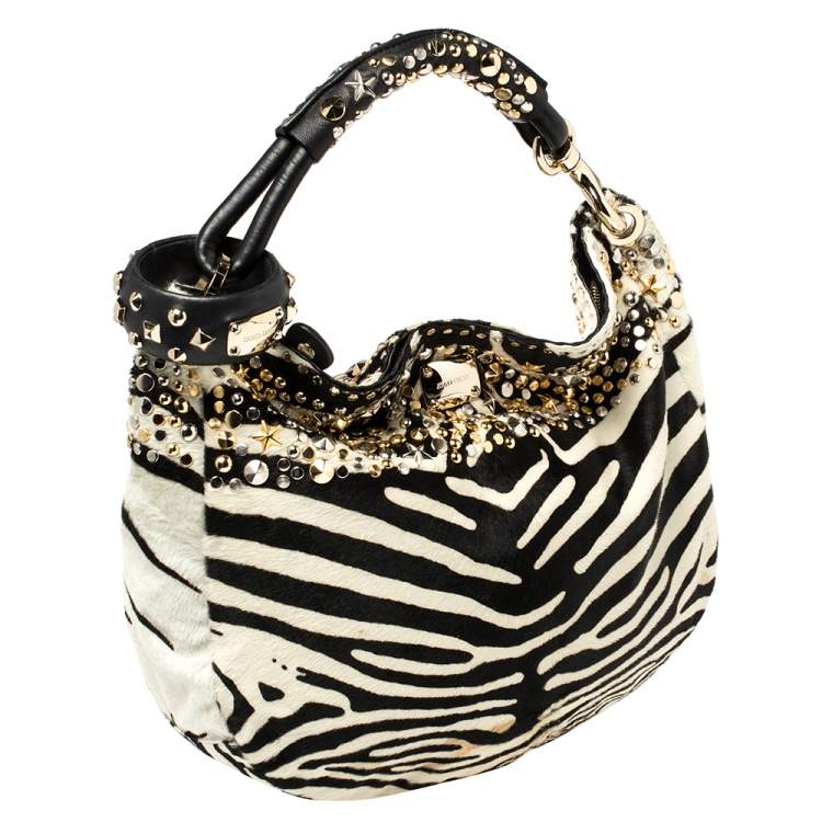 Pre Owned Jimmy Choo Black/White Zebra Print Calf Hair and Leather Studded Sky Hobo