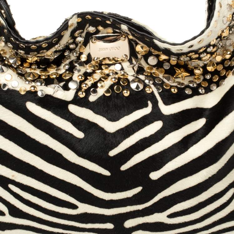 Pre Owned Jimmy Choo Black/White Zebra Print Calf Hair and Leather Studded Sky Hobo