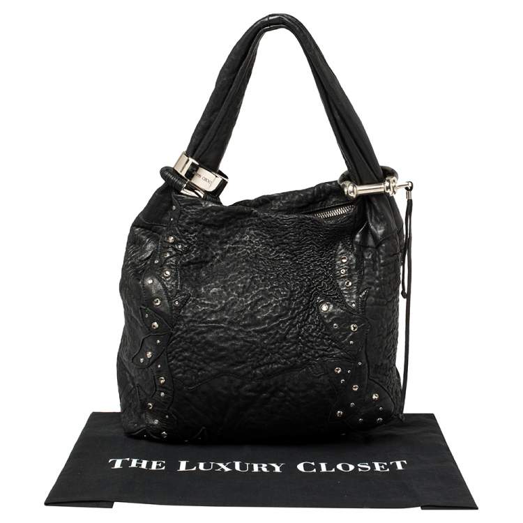 Pre Owned Jimmy Choo Black Textured Leather Medium Saba Embellished Hobo