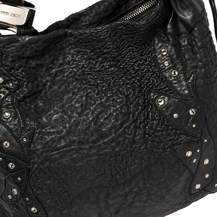 Pre Owned Jimmy Choo Black Textured Leather Medium Saba Embellished Hobo