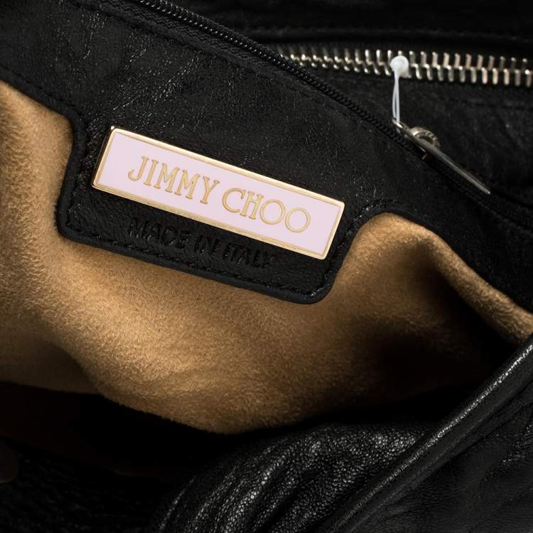 Pre Owned Jimmy Choo Black Textured Leather Medium Saba Embellished Hobo