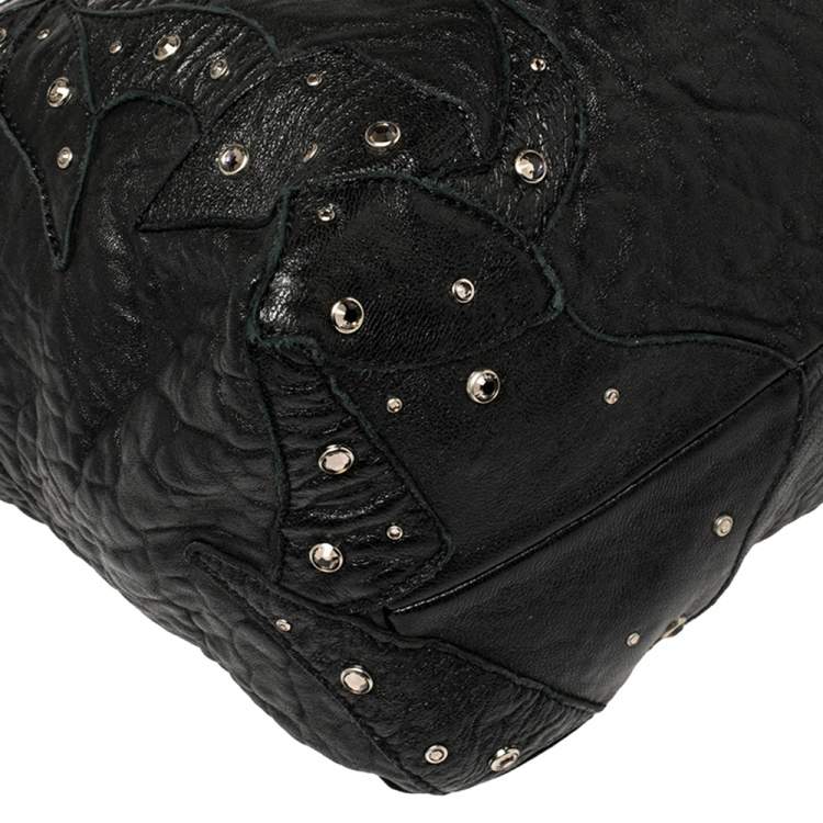 Pre Owned Jimmy Choo Black Textured Leather Medium Saba Embellished Hobo