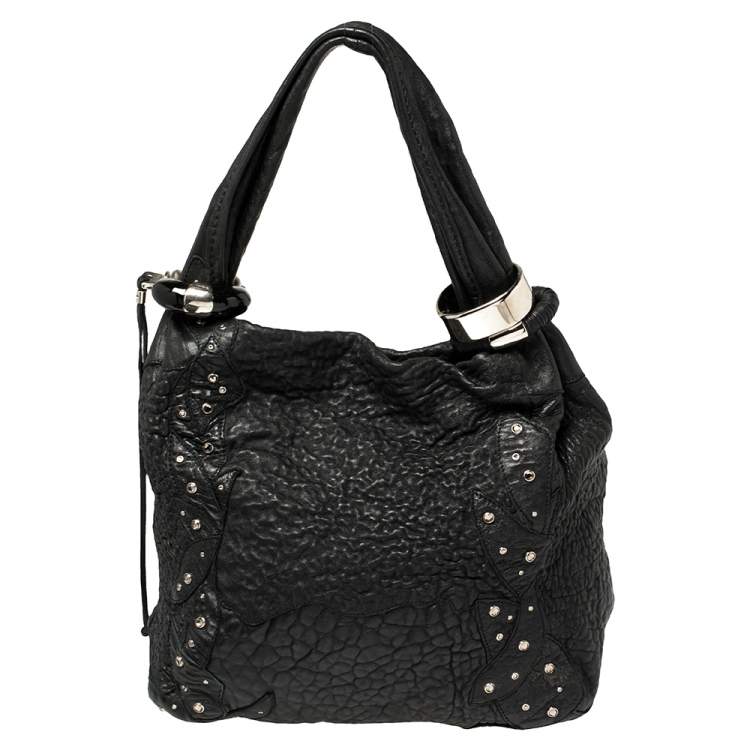Pre Owned Jimmy Choo Black Textured Leather Medium Saba Embellished Hobo
