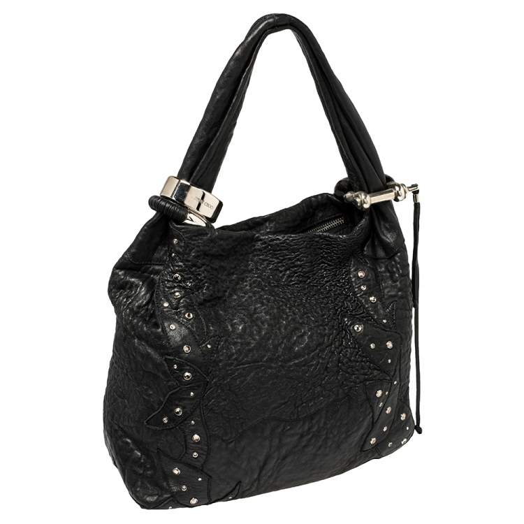 Pre Owned Jimmy Choo Black Textured Leather Medium Saba Embellished Hobo