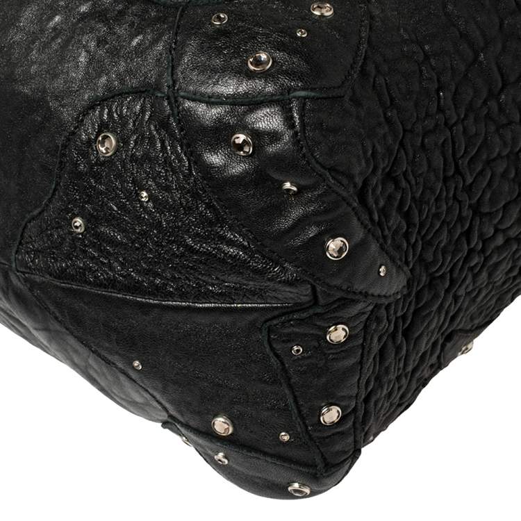 Pre Owned Jimmy Choo Black Textured Leather Medium Saba Embellished Hobo