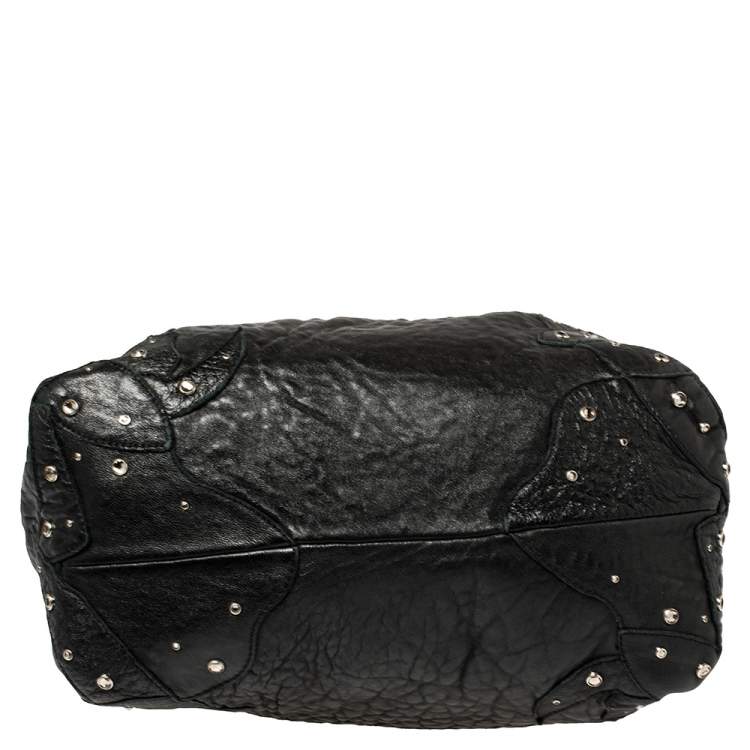 Pre Owned Jimmy Choo Black Textured Leather Medium Saba Embellished Hobo