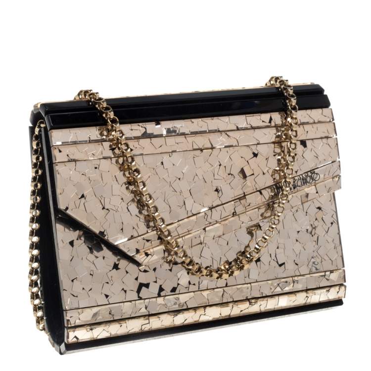Pre Owned Jimmy Choo Gold/Black Shimmering Acrylic and Leather Candy Chain Clutch 