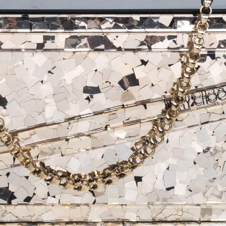 Pre Owned Jimmy Choo Gold/Black Shimmering Acrylic and Leather Candy Chain Clutch 