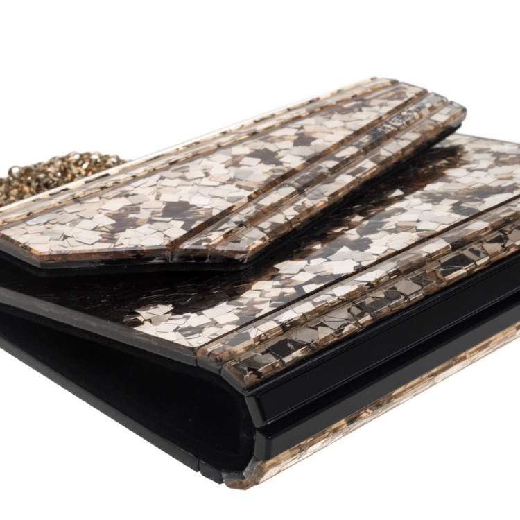 Pre Owned Jimmy Choo Gold/Black Shimmering Acrylic and Leather Candy Chain Clutch 