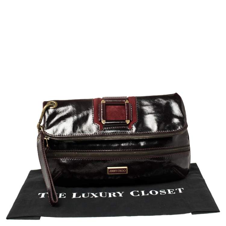 Pre Owned Jimmy Choo Burgundy Patent Leather and Suede Mave Foldover Clutch