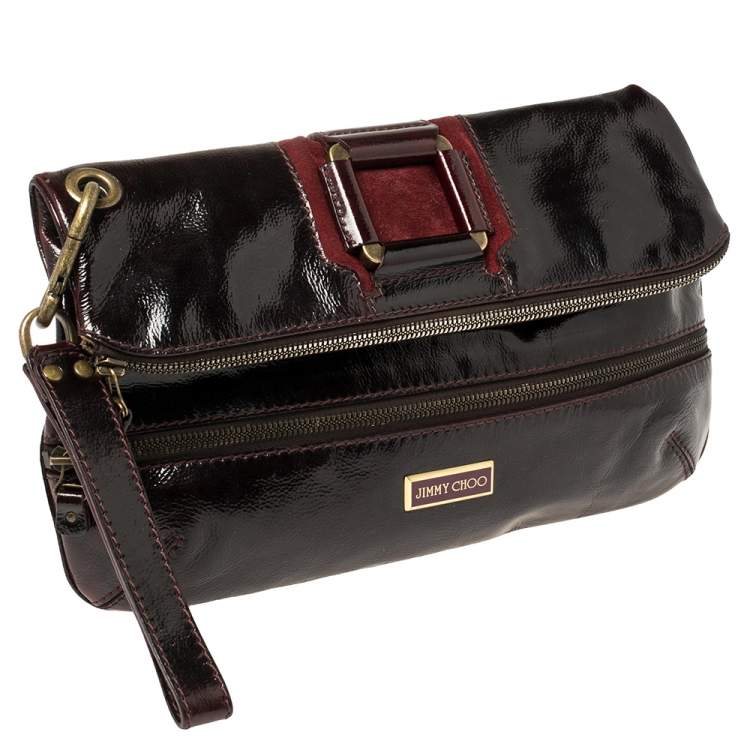 Pre Owned Jimmy Choo Burgundy Patent Leather and Suede Mave Foldover Clutch
