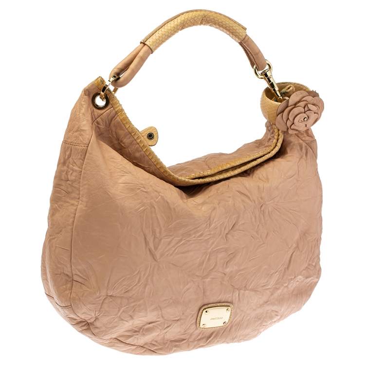 Pre Owned Jimmy Choo Dusty Pink Crinkled Leather and Snakeskin Solar Hobo