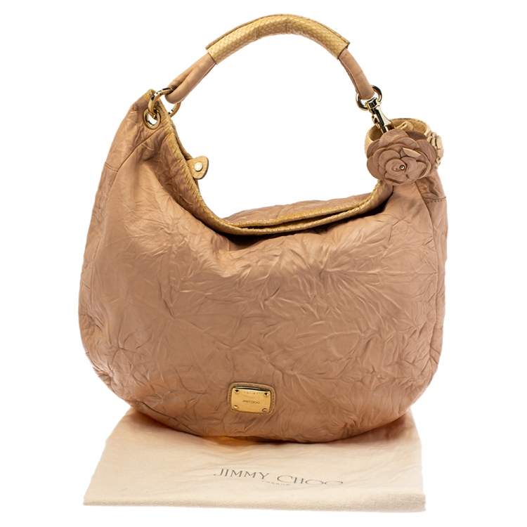 Pre Owned Jimmy Choo Dusty Pink Crinkled Leather and Snakeskin Solar Hobo