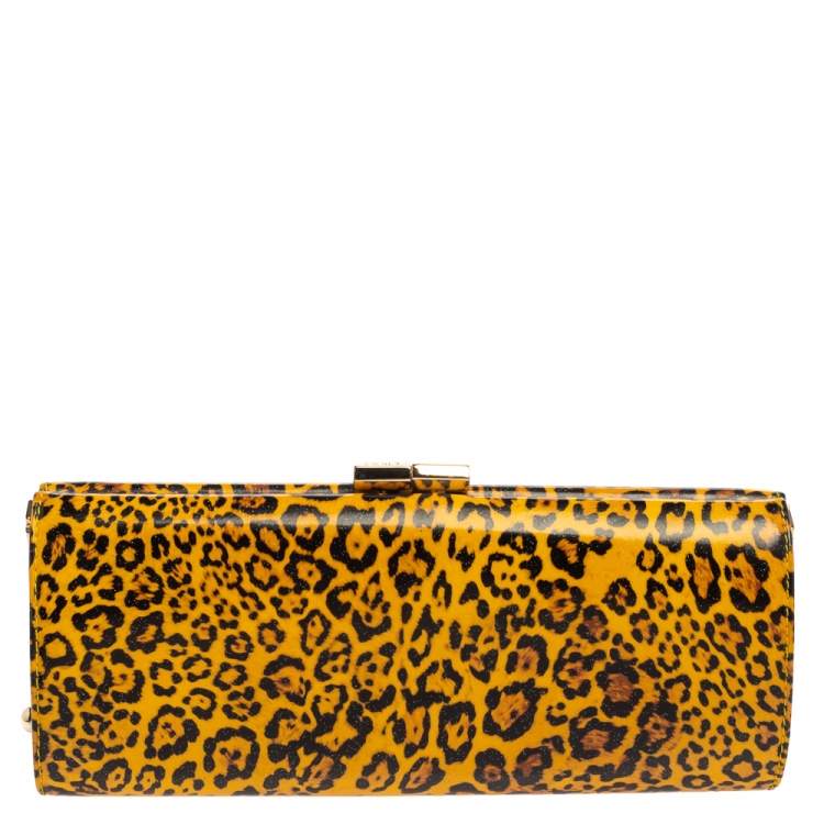 Pre Owned Jimmy Choo Mustard/Black Leopard Print Patent Vinyl Twill Tube Clutch