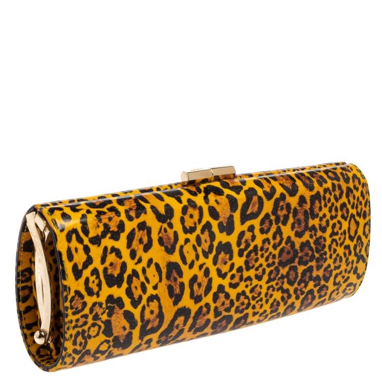Pre Owned Jimmy Choo Mustard/Black Leopard Print Patent Vinyl Twill Tube Clutch