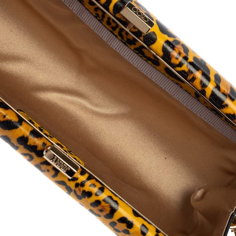 Pre Owned Jimmy Choo Mustard/Black Leopard Print Patent Vinyl Twill Tube Clutch