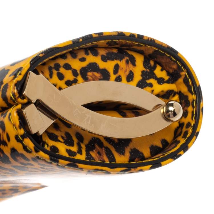 Pre Owned Jimmy Choo Mustard/Black Leopard Print Patent Vinyl Twill Tube Clutch