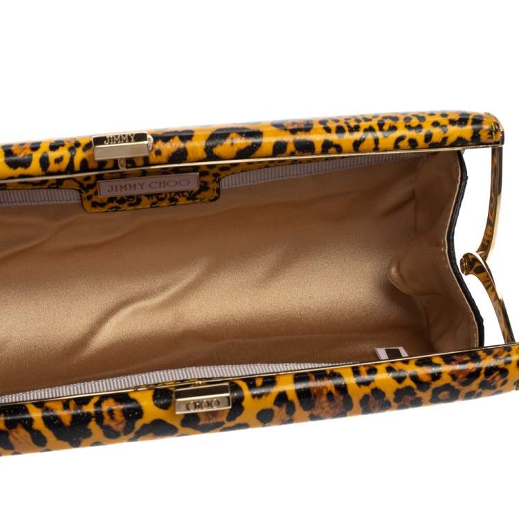 Pre Owned Jimmy Choo Mustard/Black Leopard Print Patent Vinyl Twill Tube Clutch