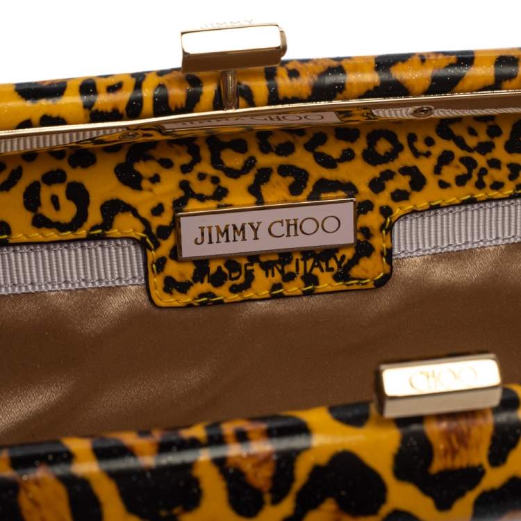 Pre Owned Jimmy Choo Mustard/Black Leopard Print Patent Vinyl Twill Tube Clutch