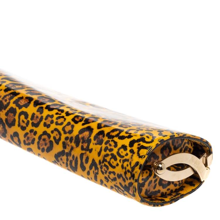 Pre Owned Jimmy Choo Mustard/Black Leopard Print Patent Vinyl Twill Tube Clutch
