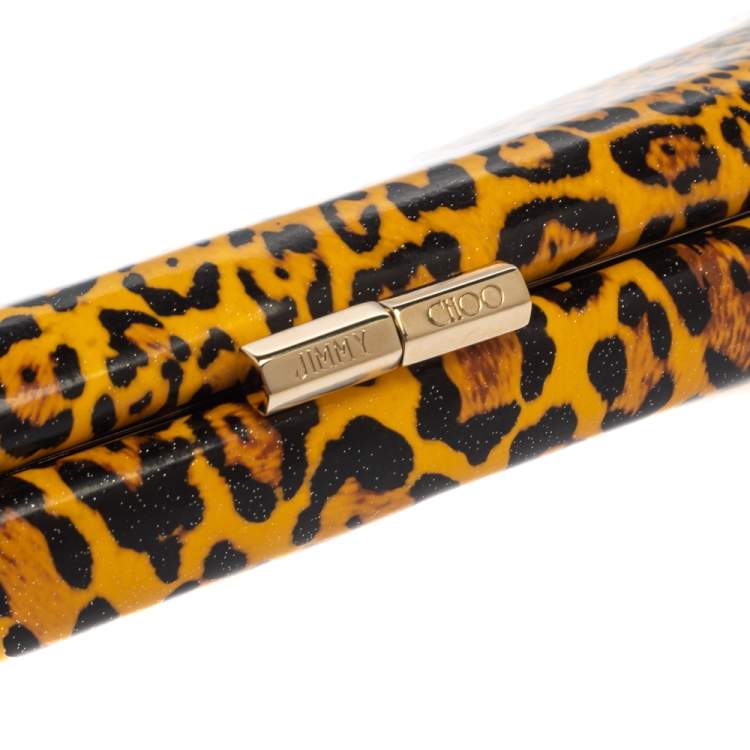 Pre Owned Jimmy Choo Mustard/Black Leopard Print Patent Vinyl Twill Tube Clutch